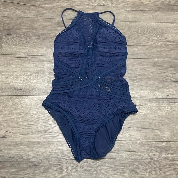 Becca by Rebecca Virture Women's Illusion HIgh Neck Swimsuit Navy Blue Sz M - Picture 2 of 9
